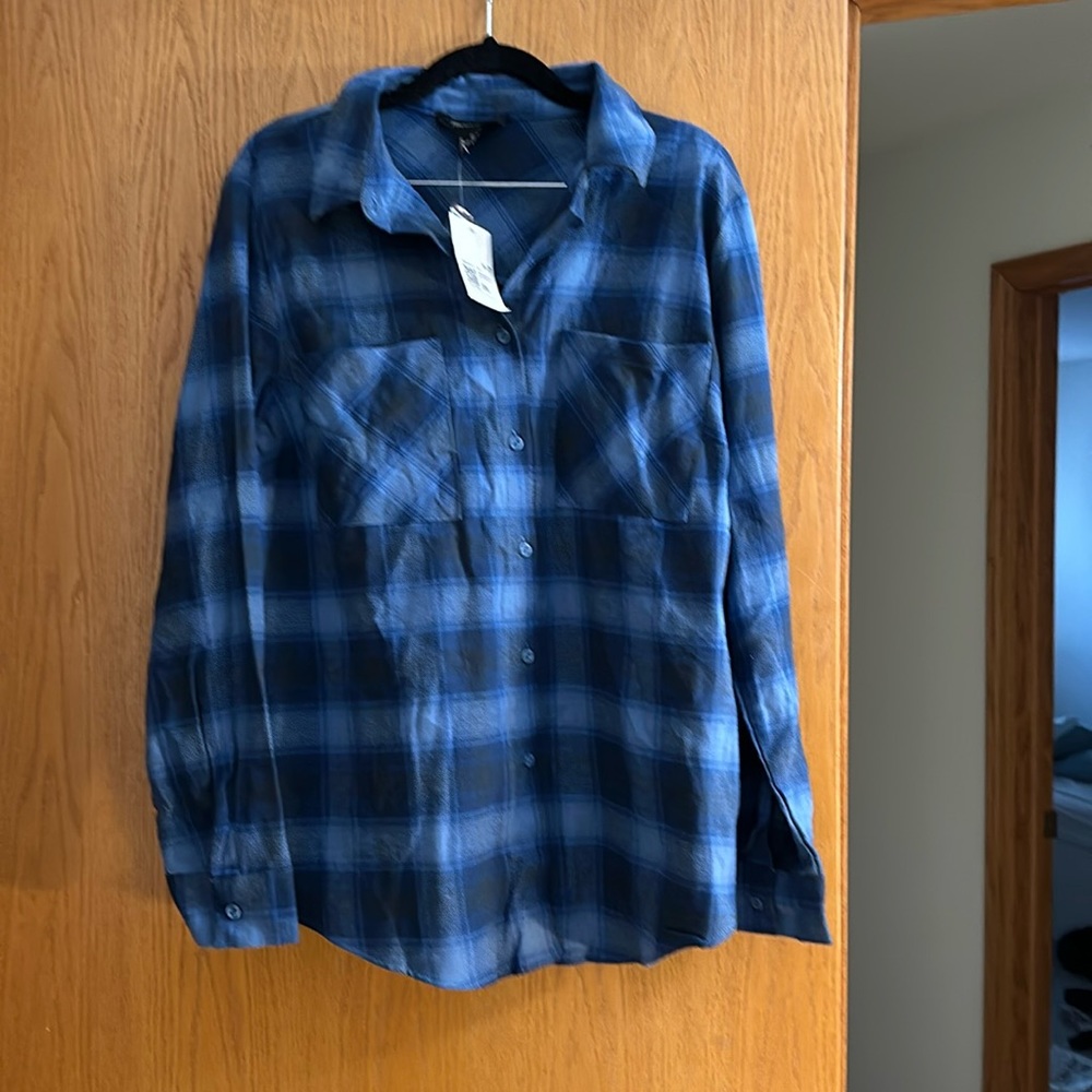 Plus Size Dual-Pocket Flannel Blue Plaid Shirt -OX